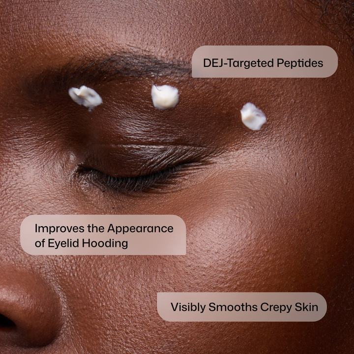 Close-up of a person's eye with DEJ-targeted peptides applied, labeled for their effects on eyelid hooding and skin texture.