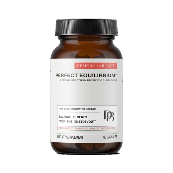 Dietary supplement bottle labeled 'Perfect Equilibrium' by Designs for Beauty on a white background.