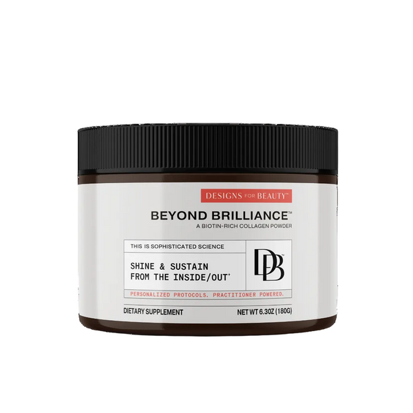 Dietary supplement jar labeled 'Beyond Brilliance' by Designs for Beauty on a white background