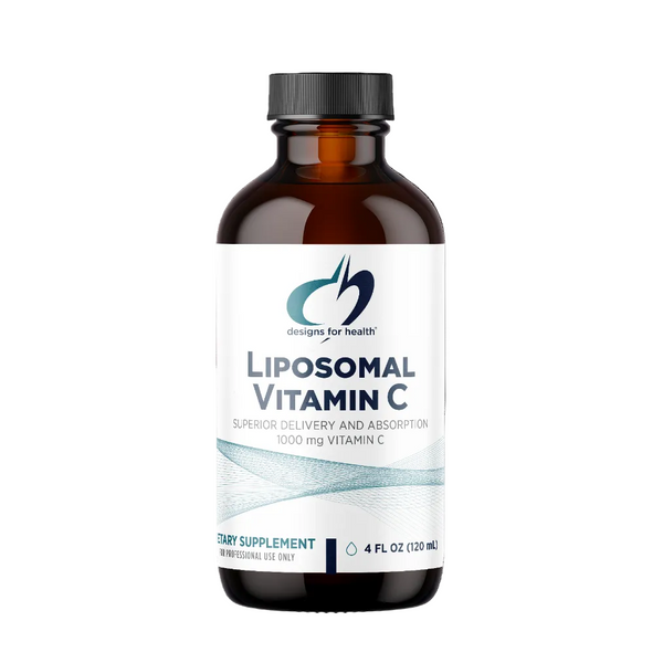 Bottle of liposomal vitamin C supplement on a white background