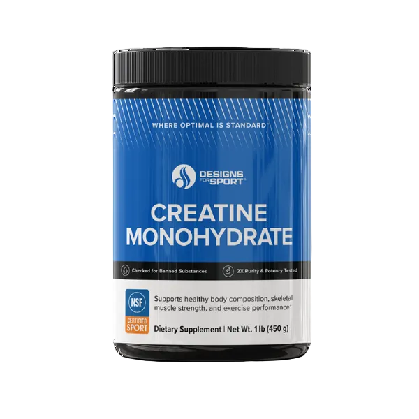 Supplement container labeled 'Creatine Monohydrate' by Designs for Sport on a white background