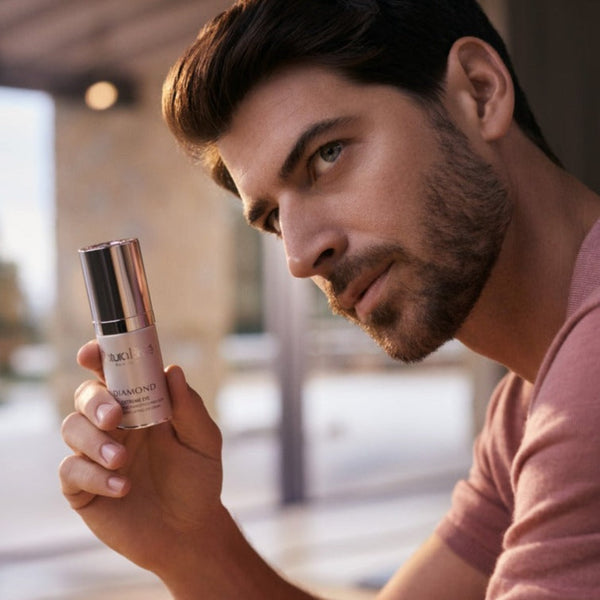 a model holding a bottle of Natura Bisse Diamond Extreme Eye in front of his face