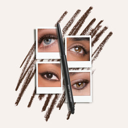 Eyebrow pencil with close-up images of eyes on a light background
