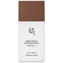 Daily Tinted Fluid Sunscreen packaging with brown cap and white body on a white background