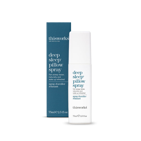 Thisworks Deep Sleep Pillow Spray shown with its dark teal and white packaging box and the white spray bottle itself on a clean white background.