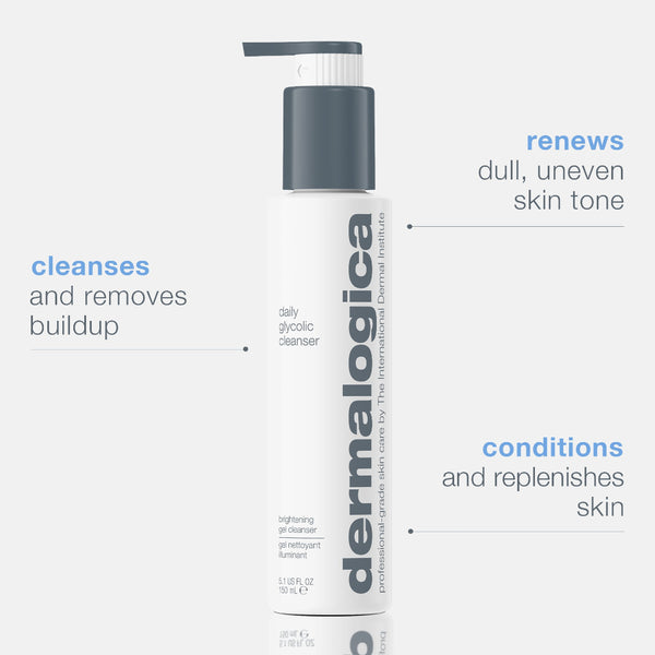 Dermalogica daily glycolic cleanser bottle with text highlighting its benefits on a white background