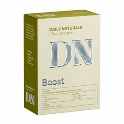 A 3D box mockup for Daily Naturals Clean Beauty Boost hair care product, featuring a beige front panel with metallic silver 'DN' lettering and an olive green side panel.