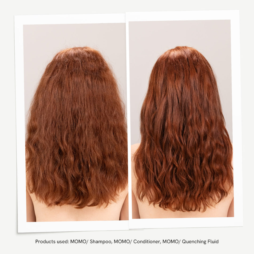 Before and after comparison of red hair with MOMO hair care products.