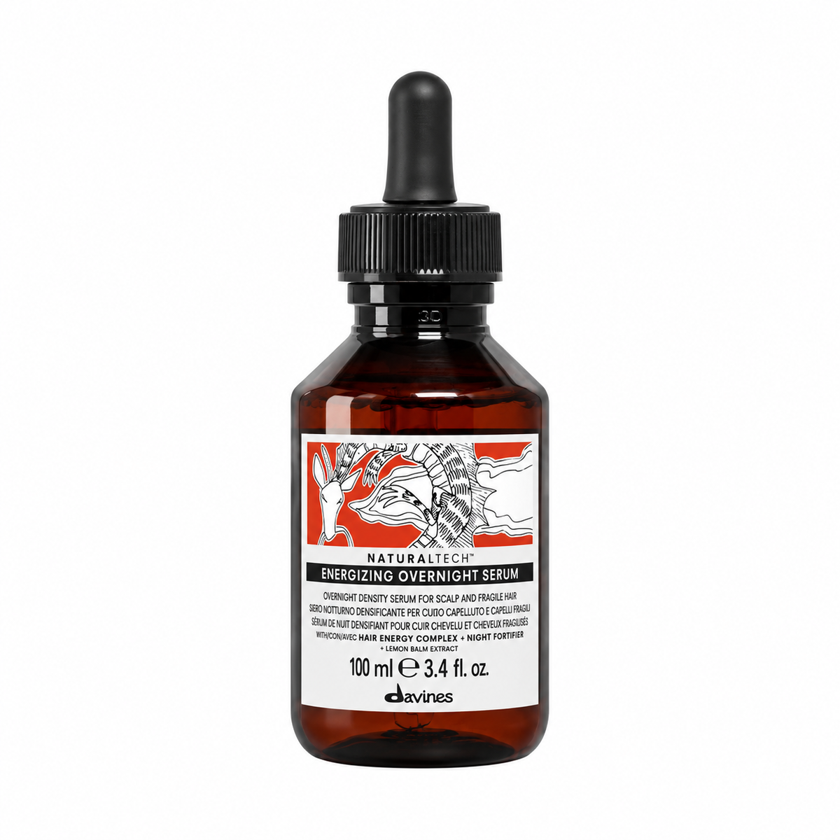 A 100 ml amber glass dropper bottle of Davines Naturastéc Energy+ Overnight Serum, featuring a black dropper cap and a white label with red and black graphics, on a solid white background.