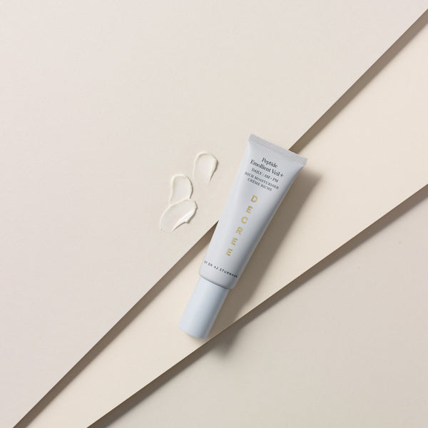 Decree Peptide Emollient Veil + tube with three drops of texture
