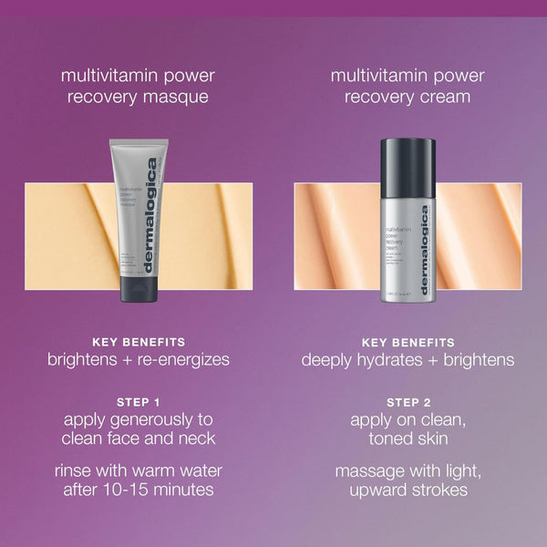 Dermalogica multivitamin power recovery masque and cream with key benefits and usage instructions on a purple background.