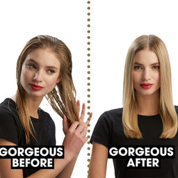 Before and after comparison of a woman with styled hair labeled 'Gorgeous Before' and 'Gorgeous After'.