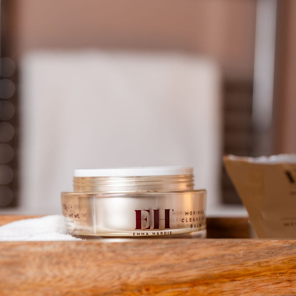 Jar of Emma Hardie Cleansing Balm on a bathroom tray