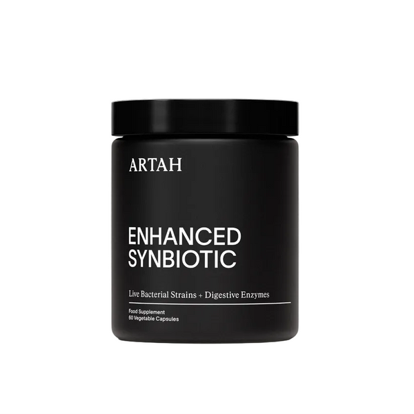 Black container of ARTAH Enhanced Synbiotic on a light gray background with two certification badges.