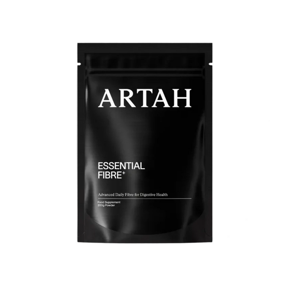 Black ARTAH essential fibre package on a light gray background with magazine approval stickers.