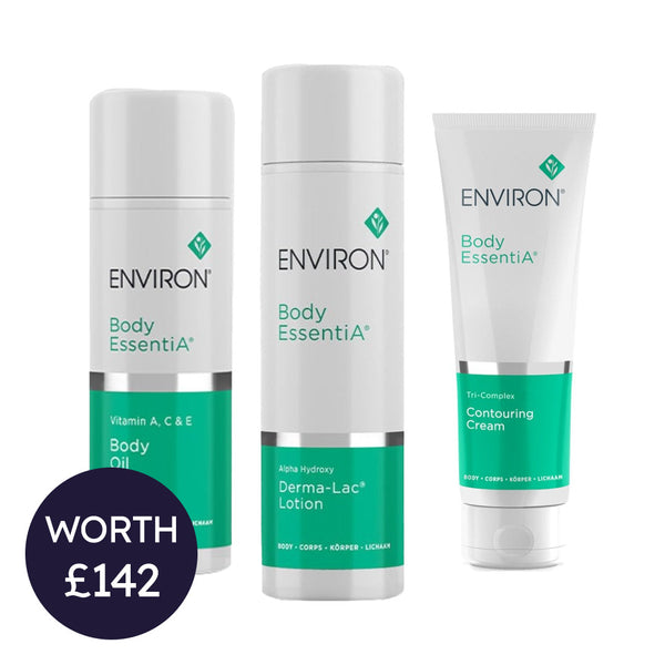 Three skincare products from Environ on a white background with a price tag label.