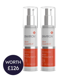Two skincare bottles labeled 'Environ Skin EssentiA' on a white background with a price tag.