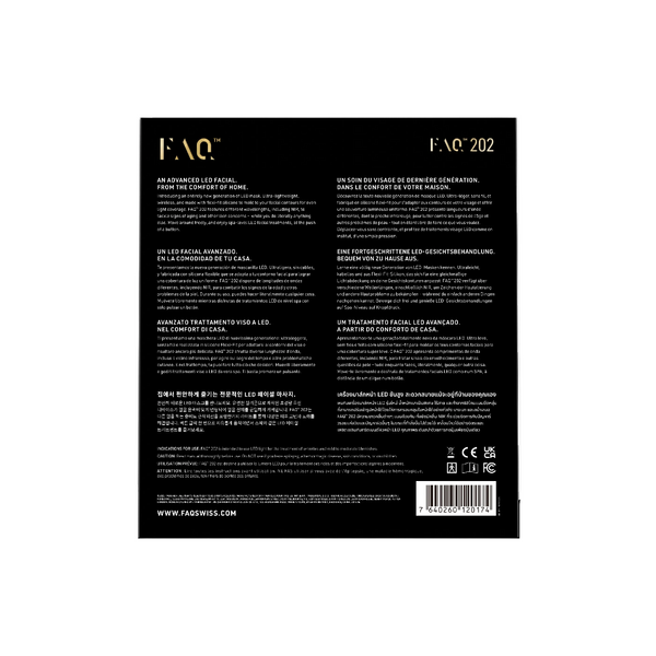 The back of a black FAQ2 202 LED facial therapy mask packaging, featuring product details, instructions, and a barcode on a white background.