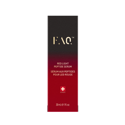 FAQ Red Light Peptide Serum box, featuring a black-to-red gradient design with gold and white text, on a clean white background.
