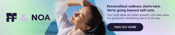 Promotional banner for a wellness brand with a woman stretching and text about personalized care.