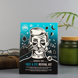 Barber Pro Face & Eye Revival Kit packaging with a stylized face illustration on a blue background.