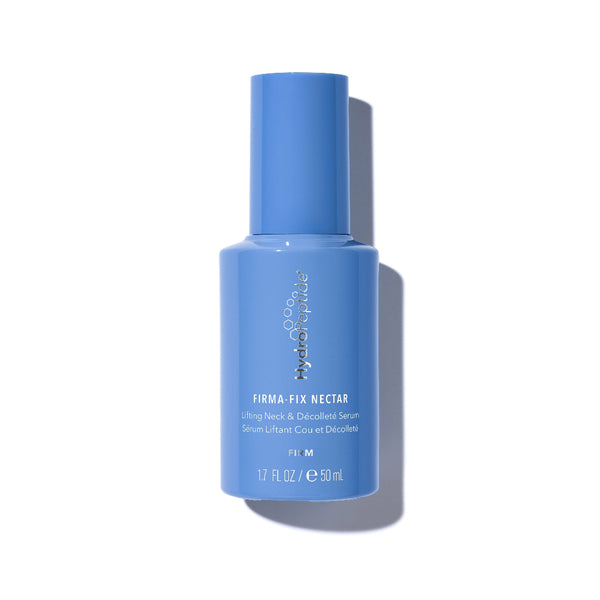 Blue skincare serum bottle on a white background