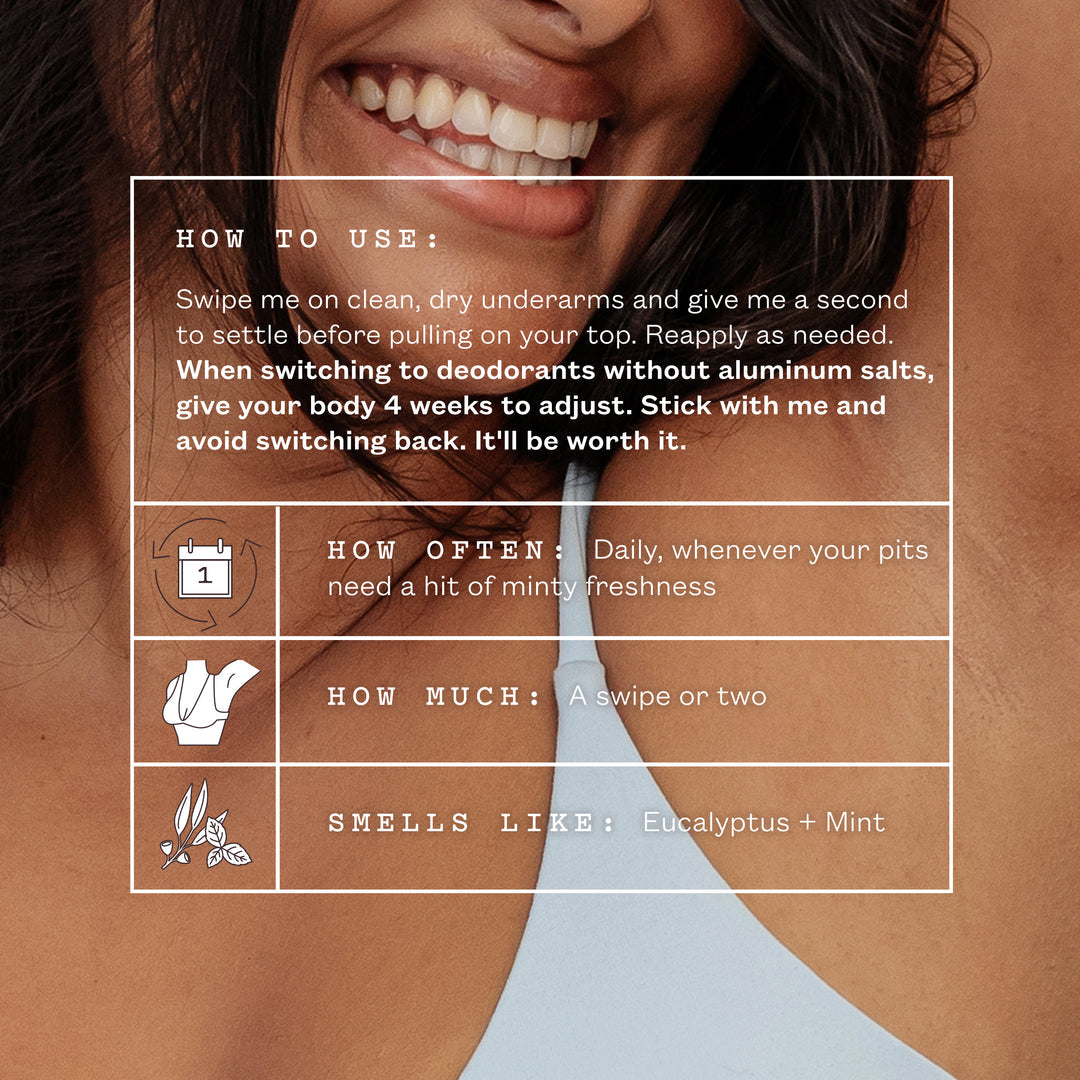 A close-up of a smiling woman's lower face and torso with a large white text box overlaid giving usage instructions for a deodorant. The text says to swipe it on clean, dry underarms and describes frequency, amount, and scent notes.
