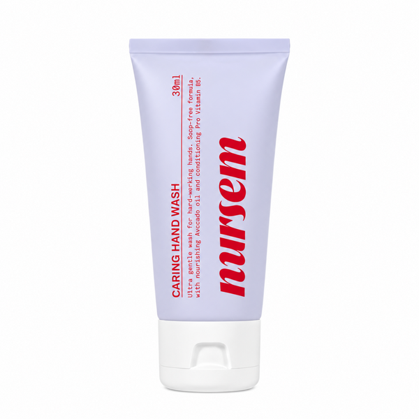 A 30ml squeeze tube of 'nursem' Caring Hand Wash, featuring a light lavender-purple body with red text and a white cap, set against a plain white background.