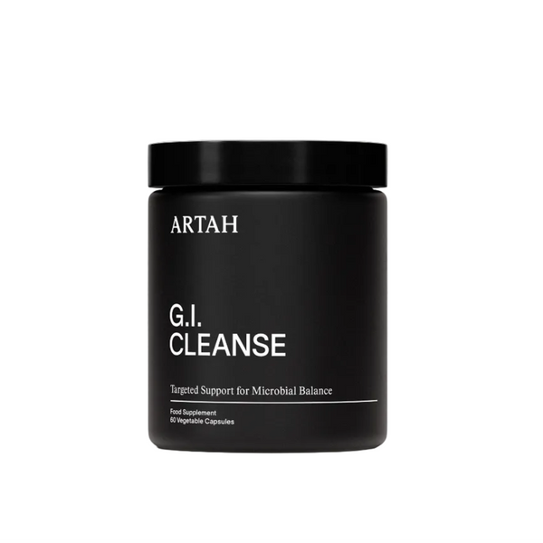 Black container labeled 'G.I. Cleanse' by ARTAH on a light gray background
