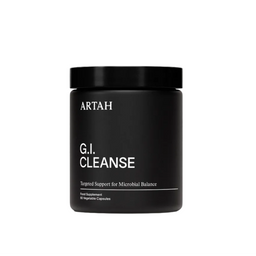 Black container labeled 'G.I. Cleanse' by ARTAH on a light gray background