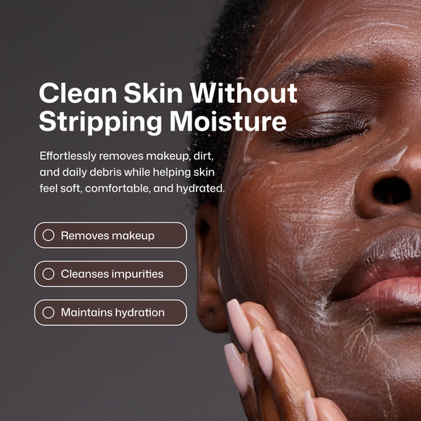 Close-up of a woman with closed eyes applying or washing a white cream onto her face, with marketing text on the left reading 'Clean Skin Without Stripping Moisture' and bullet points about removing makeup, cleansing impurities, and maintaining hydration.