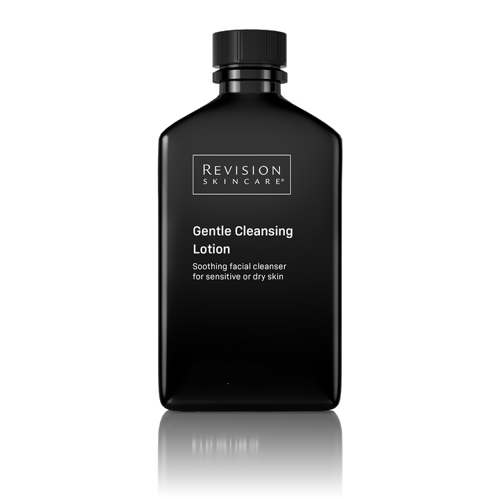 A black bottle of Revision Skincare Gentle Cleansing Lotion with white text, centered on a white background with a soft reflection below.