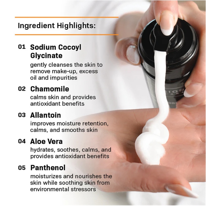 Hand applying cream with ingredient highlights listed on a white background