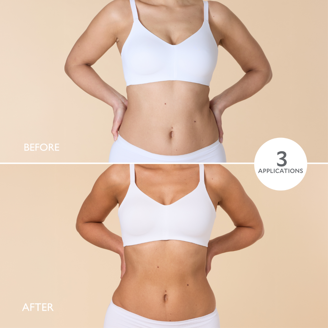 Before and after comparison of a person wearing a white sports bra and underwear on a beige background.