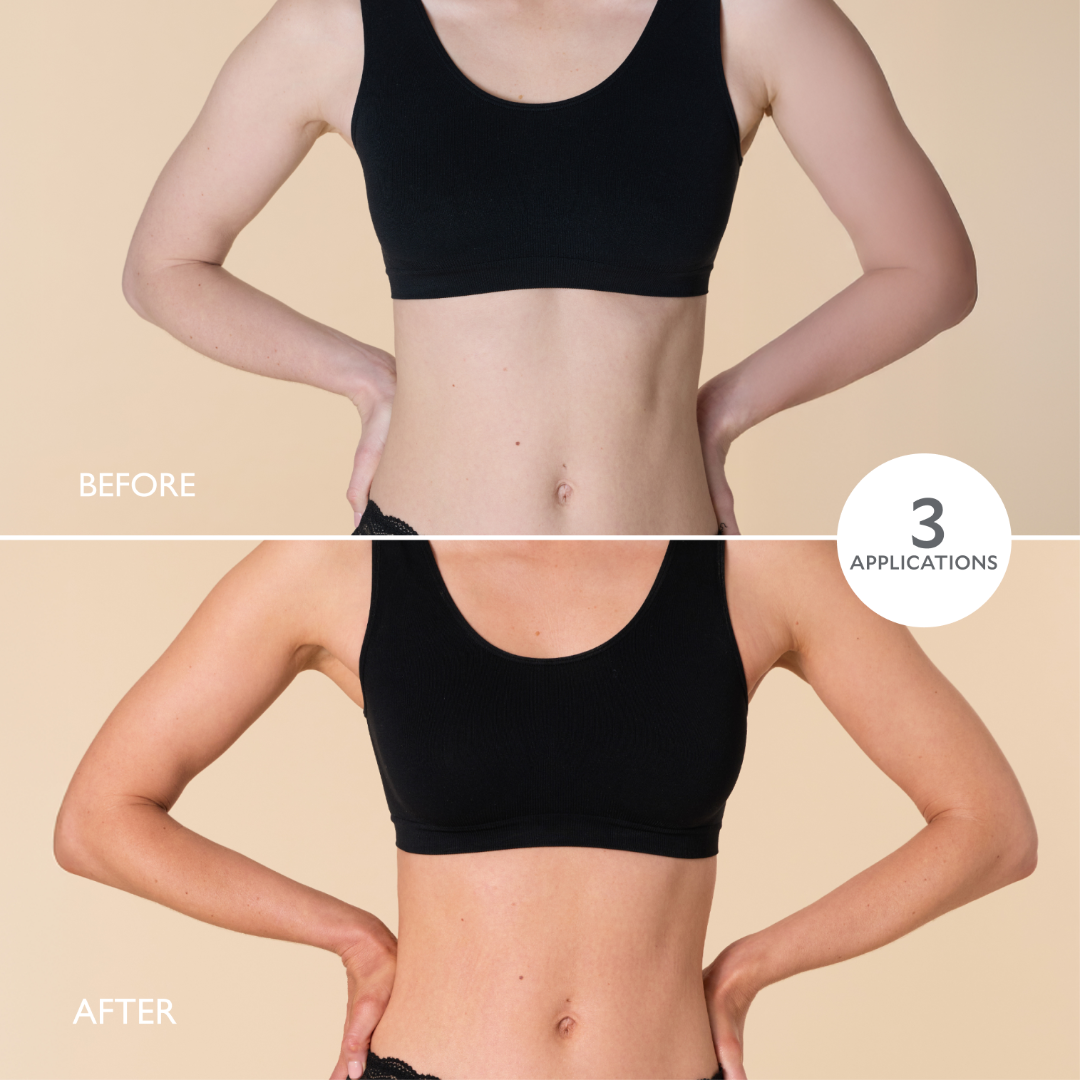 Before and after comparison of a person wearing a black sports bra on a beige background.