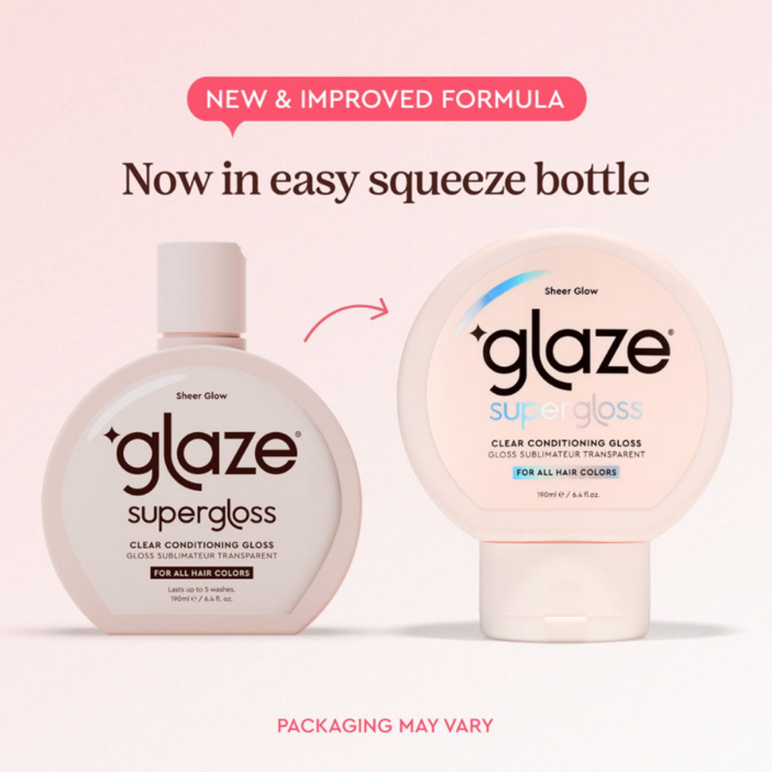Two bottles of Glaze Supergloss with text about a new formula and easy-to-squeeze packaging.