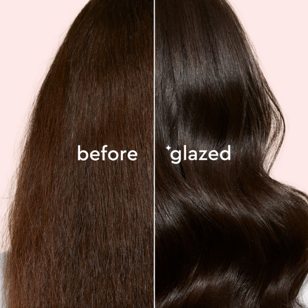 Comparison of hair 'before' and 'glazed' on a plain background