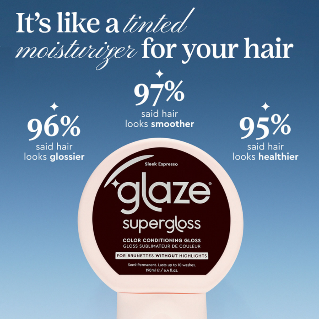 Glaze supergloss hair product with customer satisfaction statistics on a blue background