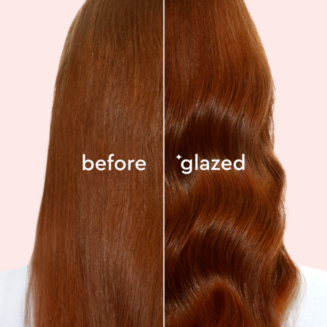 Comparison of straight and wavy hair labeled 'before' and 'glazed' on a pink background.