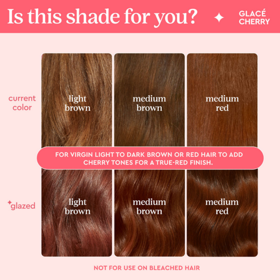 Hair color chart with shades of brown and red on a pink background
