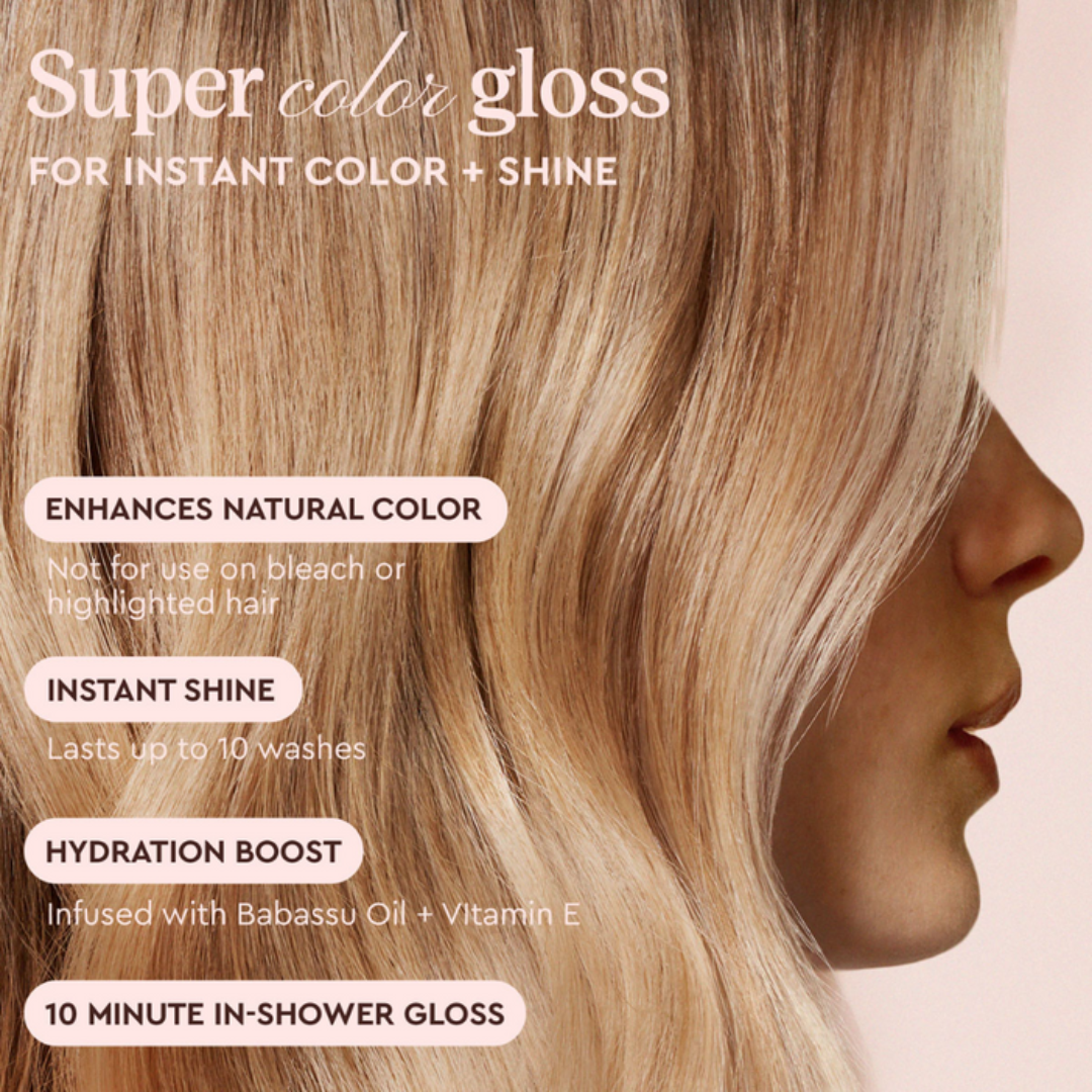 Super color gloss for instant color and shine with a close-up of blonde hair.