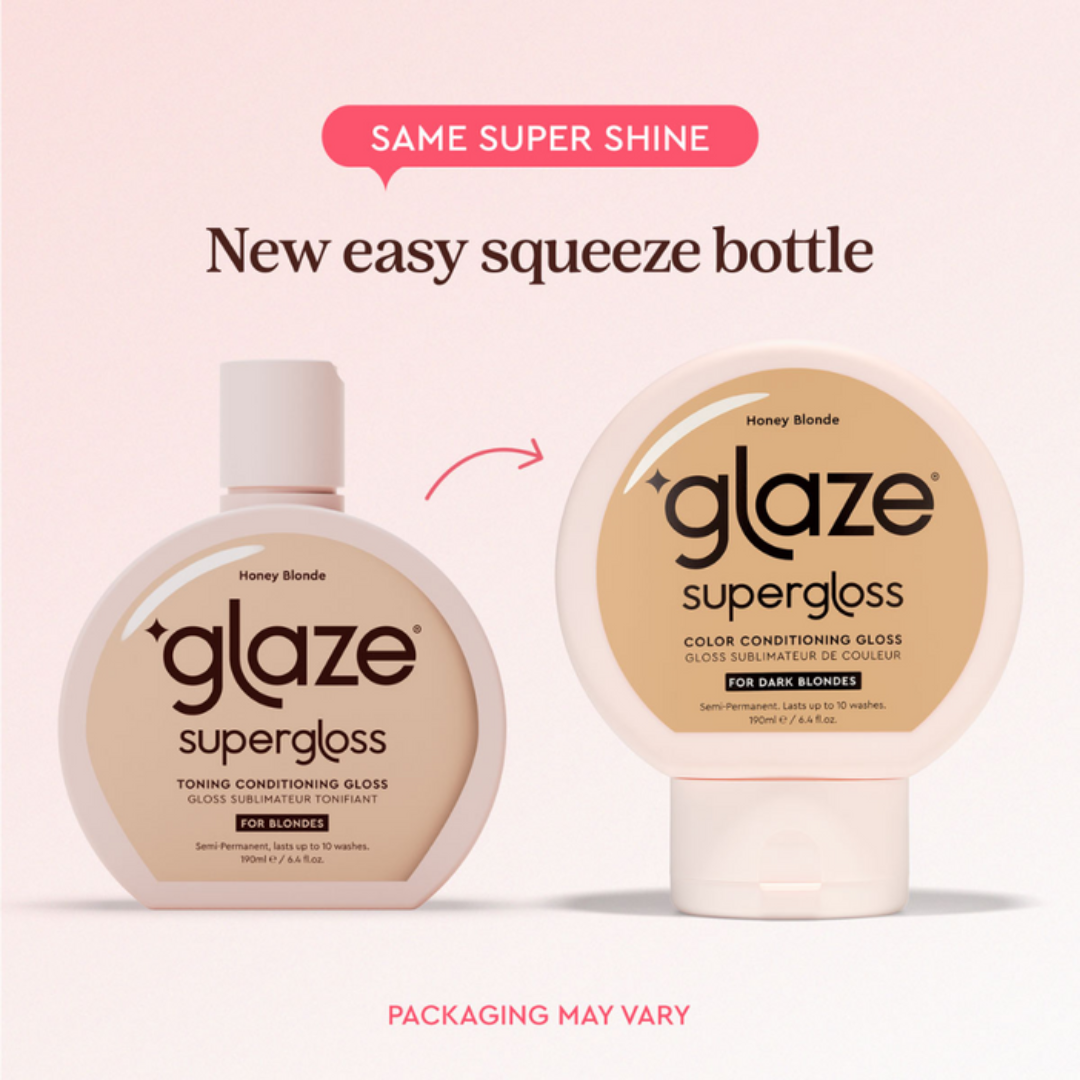 Two bottles of 'glaze supergloss' with a pink background and text about the new easy squeeze bottle.