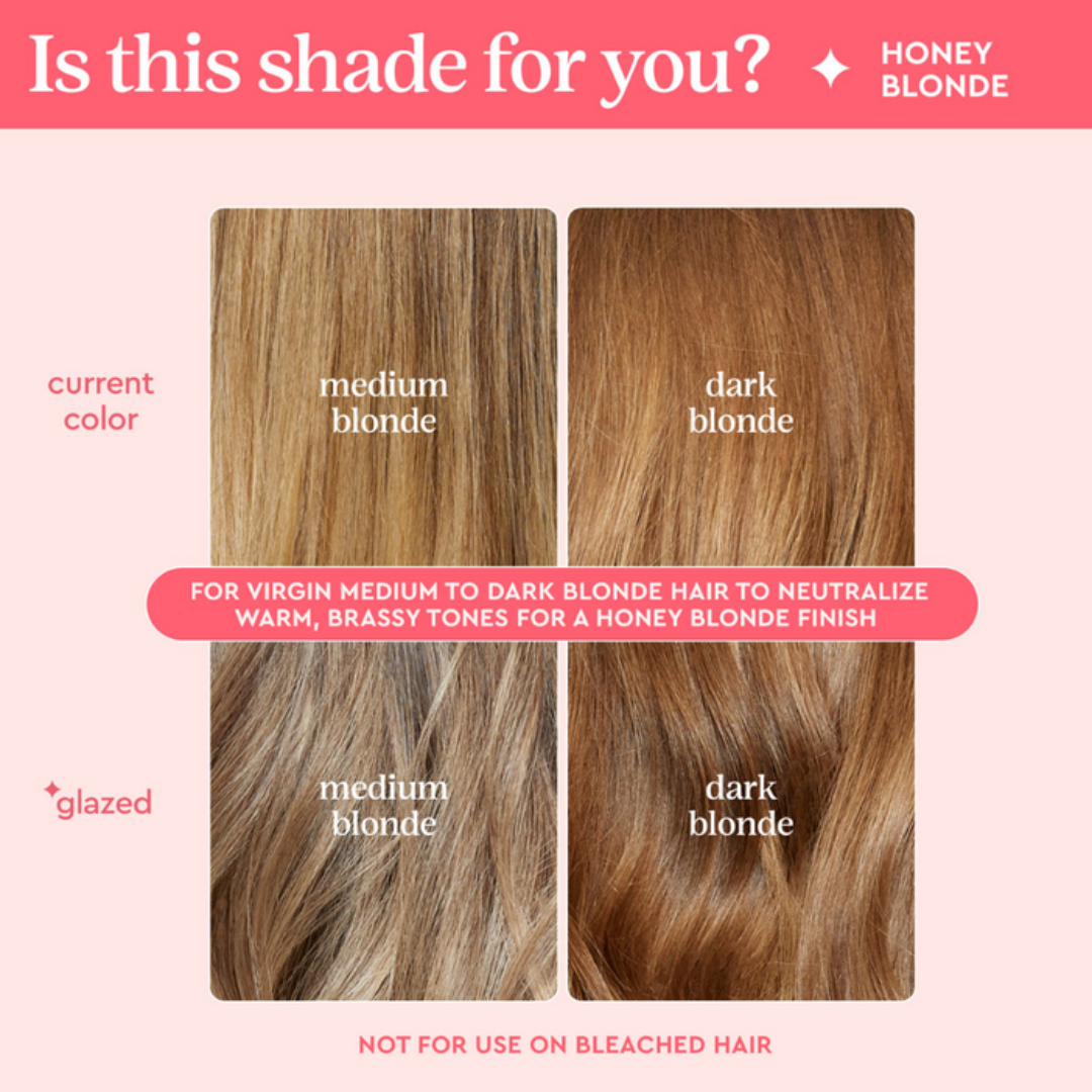 Hair color chart comparing current color, medium blonde, dark blonde, glazed medium blonde, and glazed dark blonde on a pink background.