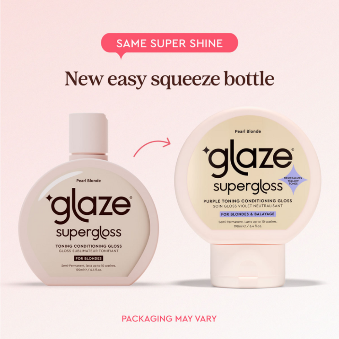 Two bottles of Glaze Supergloss with text about a new easy-squeeze bottle design.
