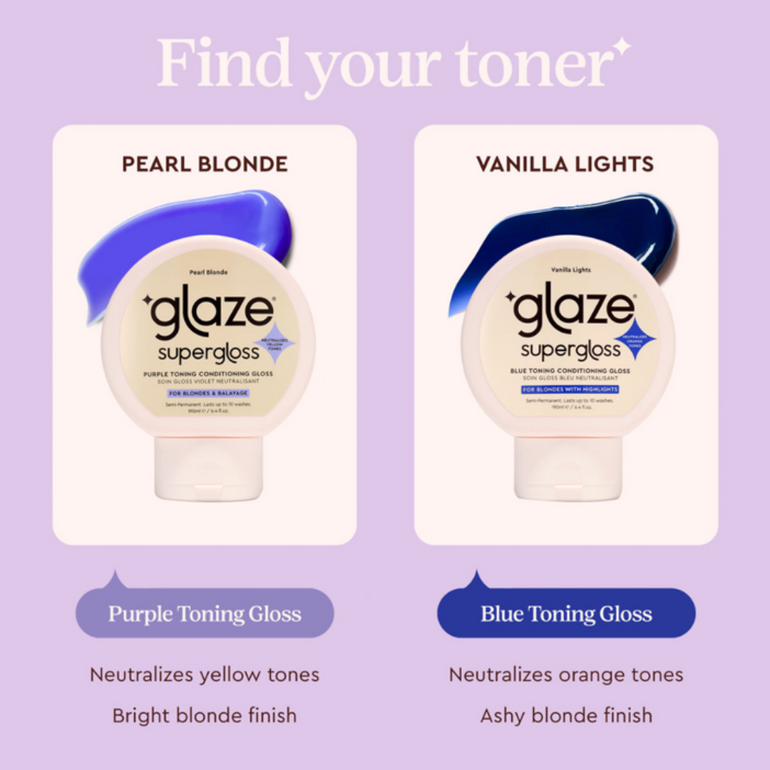 Two bottles of Glaze Supergloss on a purple background with text describing the toning effects.