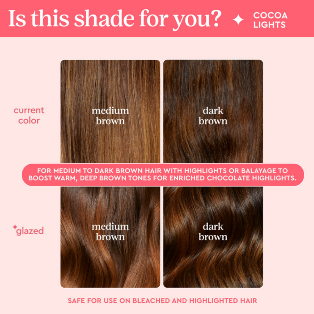 Hair color chart comparing medium brown and dark brown shades on a pink background.