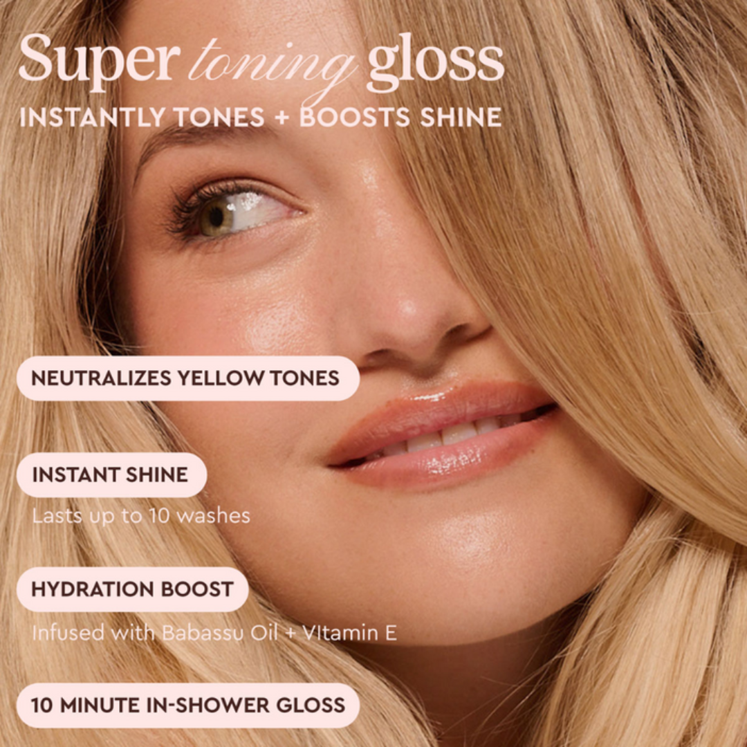 Close-up of a woman's face with blonde hair, showcasing a super toning gloss product.