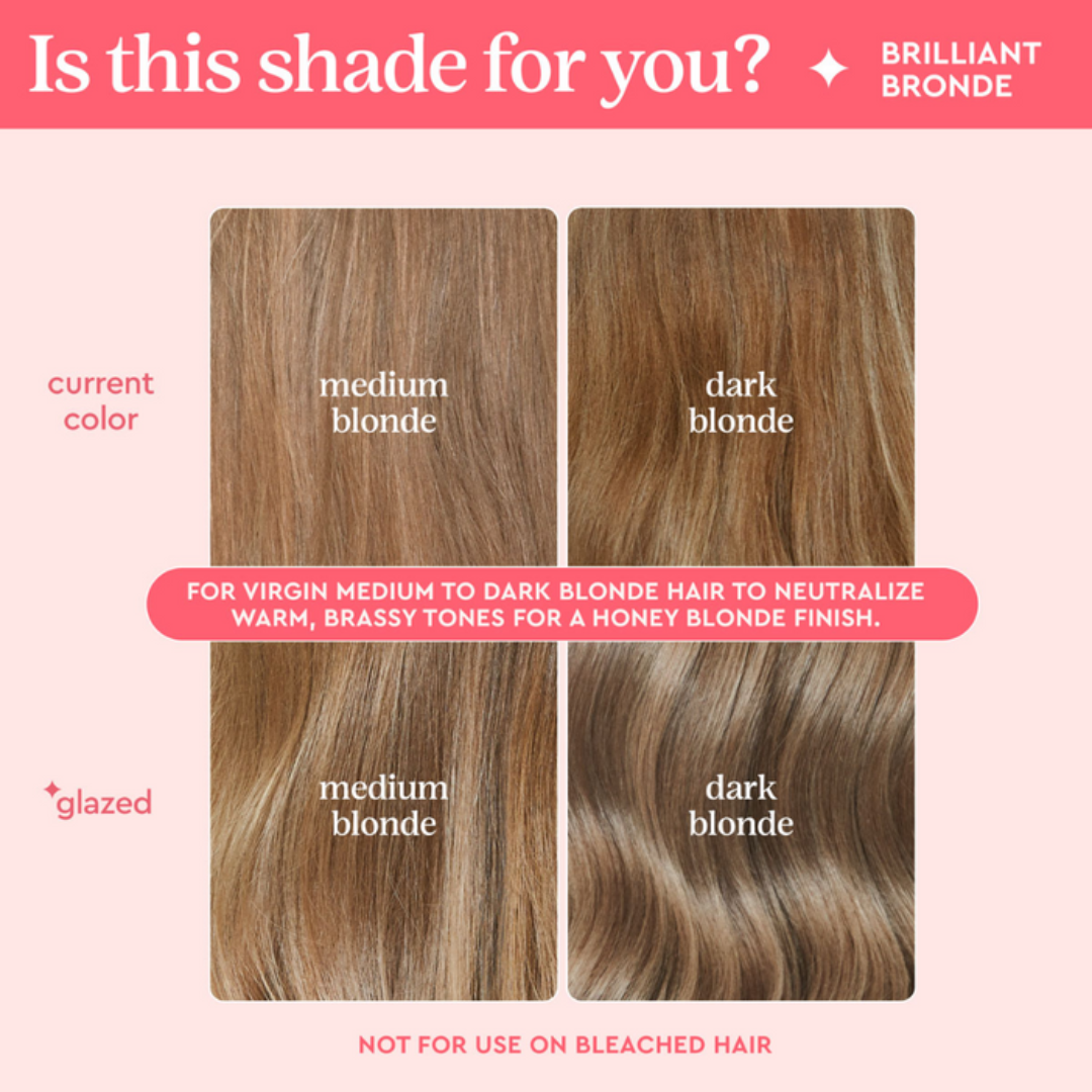 Hair color chart comparing medium blonde, dark blonde, and glazed blonde hair on a pink background.