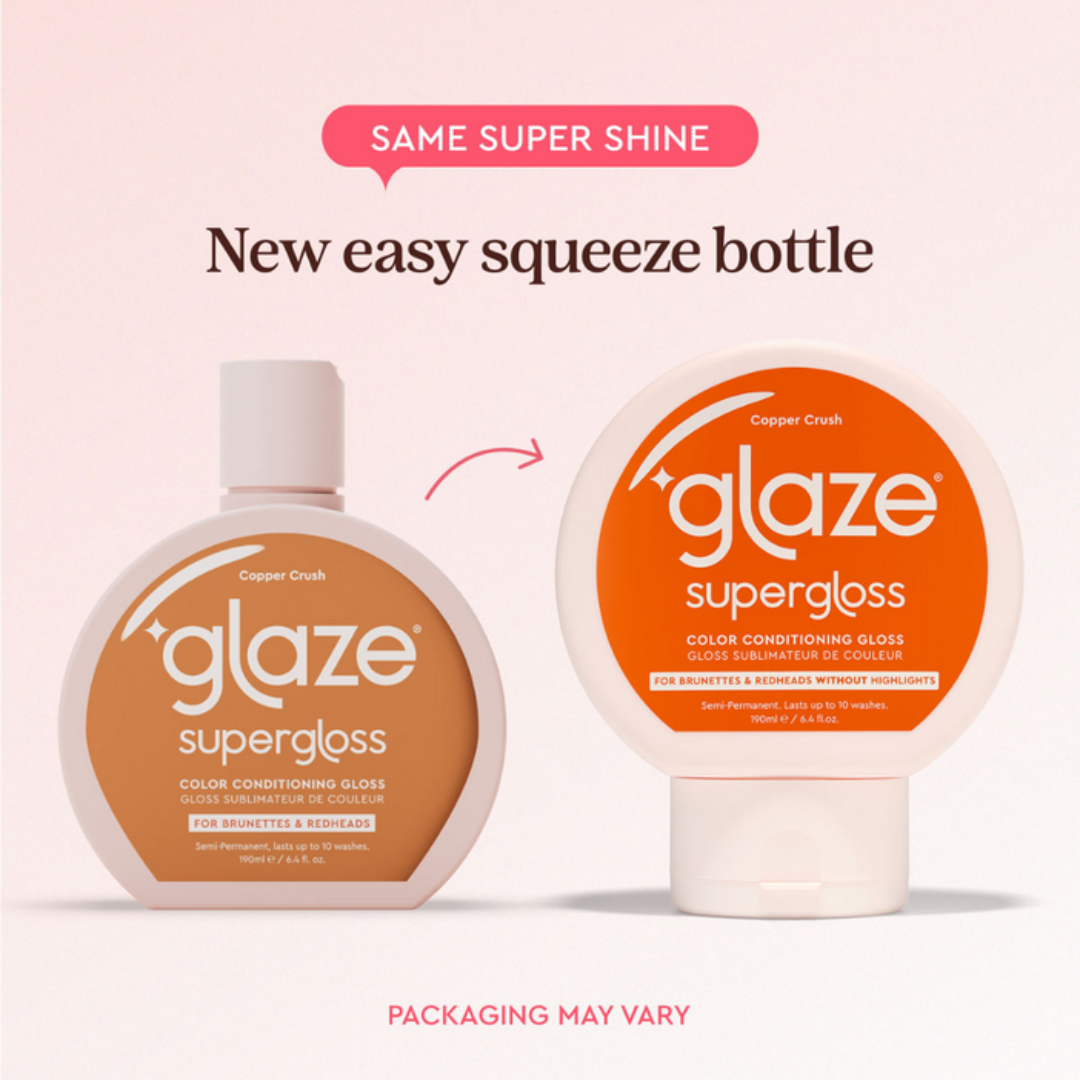 Two bottles of Glaze Supergloss with a pink background and text about the new easy squeeze bottle.