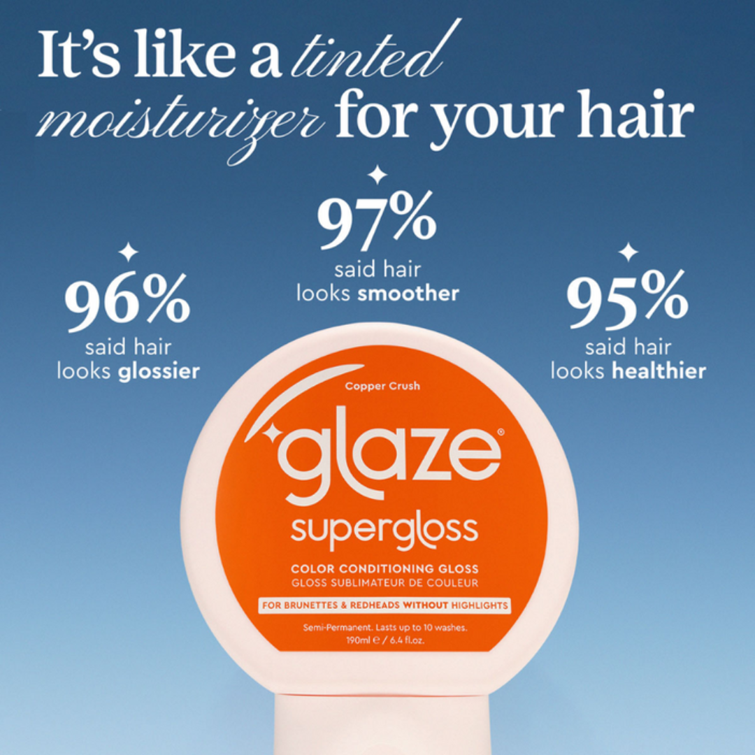 Glaze supergloss hair product with customer satisfaction statistics on a blue background